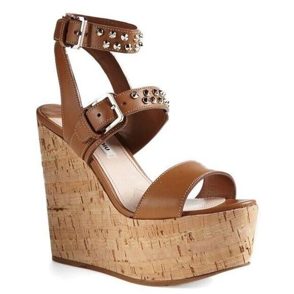 Miu Miu Brown Leather Studded Platform Wedge Sandals - Picture 12 of 12